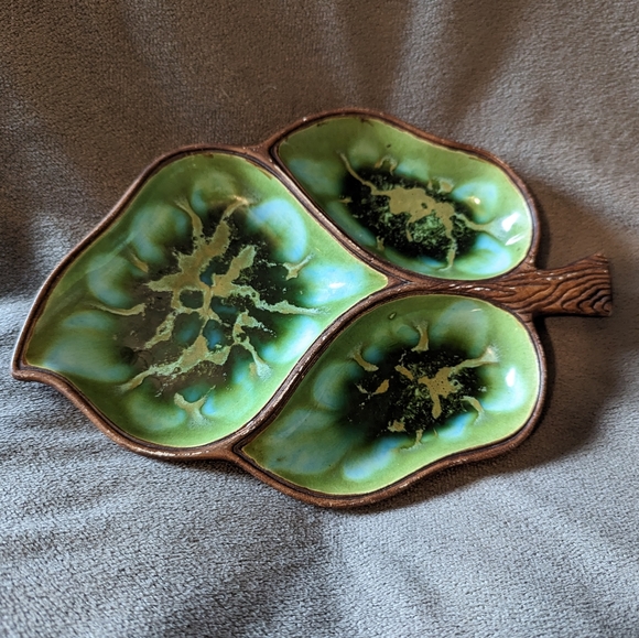 Vintage MCM 1960’s Treasure Craft Divided Leaf Dish Green Trinket Dish 9.5”x6” - Picture 5 of 7
